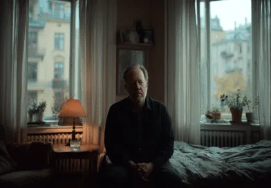 Midcent: En medelålders man sitter i ett mysigt rum framför stora fönster med utsikt över en stadsmiljö. Mjukt ljus skapar en lugn atmosfär. Kategori: Samhälle.