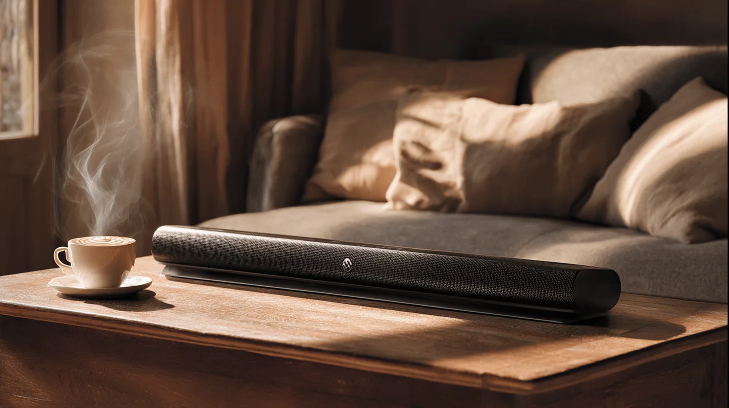 Midcent: Modern soundbar på soffbord med varm atmosfär. Perfekt för avkoppling och njutning av ljudupplevelser i hemmet. Kombinerar stil och funktionalitet för vardagsrummet. Teknik.