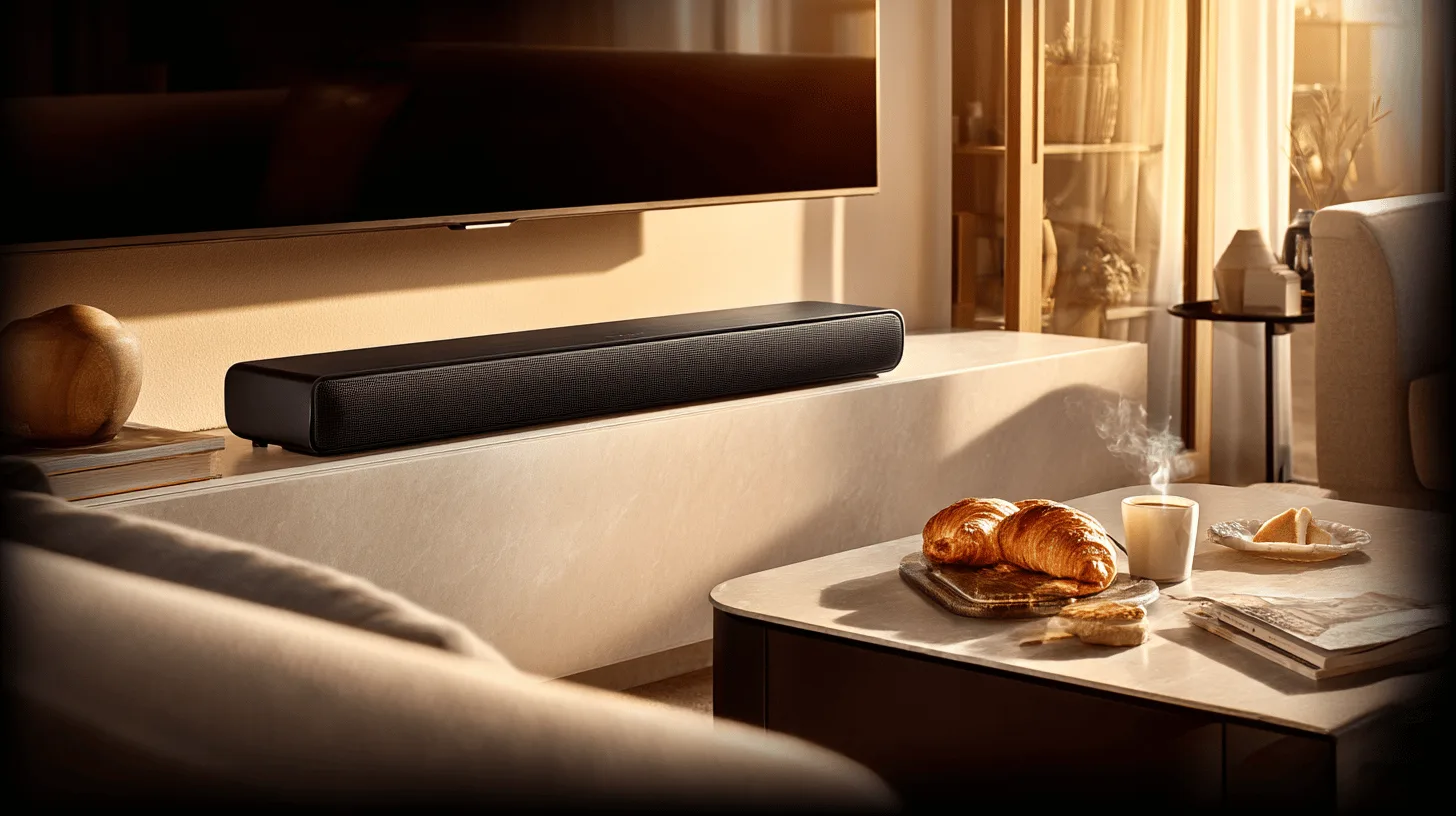 Modern vardagsrum med elegant hemmabiosystem från Midcent. Skön atmosfär med solnedgångsbelysning. Perfekt för avkoppling med kaffe och croissanter i stilren inredning. Kategori: Teknik.