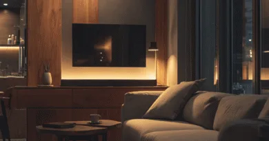 Midcent - Elegant vardagsrum med modern inredning, träpaneler, mjuk belysning och stilrena detaljer. Perfekt för avkoppling och socialt umgänge. Kategori: Inredning.