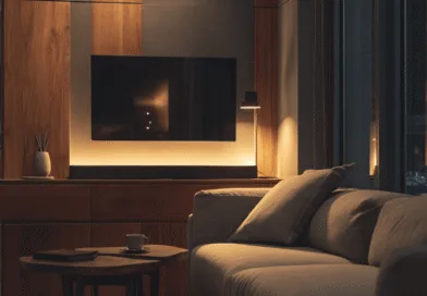 Midcent - Elegant vardagsrum med modern inredning, träpaneler, mjuk belysning och stilrena detaljer. Perfekt för avkoppling och socialt umgänge. Kategori: Inredning.