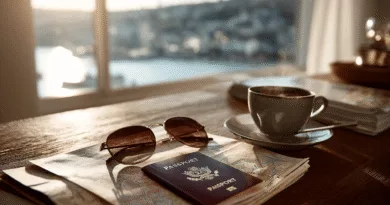 Midcent: Bilden visar ett pass, en kopp kaffe och solglasögon på en karta. Perfekt för resenärer som planerar sitt nästa äventyr. Avkoppling och utforskning i balans. Resa.