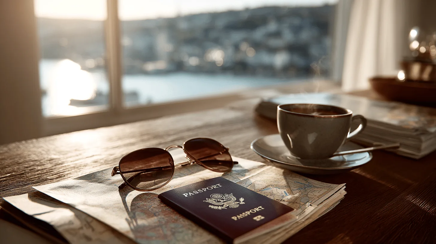 Midcent: Bilden visar ett pass, en kopp kaffe och solglasögon på en karta. Perfekt för resenärer som planerar sitt nästa äventyr. Avkoppling och utforskning i balans. Resa.