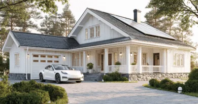 Midcent Hållbarhet: Modernt hus med solpaneler och en elbil på uppfarten, omgiven av natur. Perfekt för miljömedveten boendemiljö med fokus på förnybar energi. Kategori: Teknik.