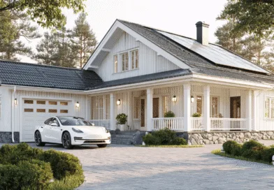 Midcent Hållbarhet: Modernt hus med solpaneler och en elbil på uppfarten, omgiven av natur. Perfekt för miljömedveten boendemiljö med fokus på förnybar energi. Kategori: Teknik.