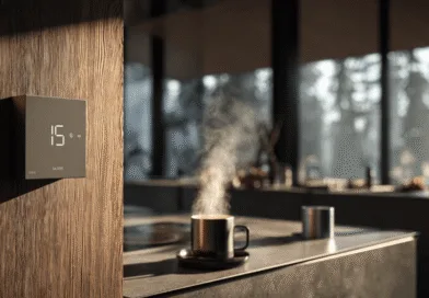 Midcent: En stilren och modern interiörbild visar en elegant termostat på väggen med en ångande kaffekopp i förgrunden i ett solbelyst kök. Perfekt för smarta hem-entusiaster. Kategori: Teknik.