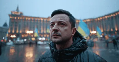 Midcent: En medelålders man står på ett torg i skymningen, omgiven av ukrainska flaggor och en upplyst byggnad i bakgrunden. Bilden förmedlar en stark känsla av sammanhållning och hopp. Kategori: Samhälle.