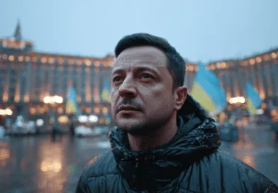 Midcent: En medelålders man står på ett torg i skymningen, omgiven av ukrainska flaggor och en upplyst byggnad i bakgrunden. Bilden förmedlar en stark känsla av sammanhållning och hopp. Kategori: Samhälle.