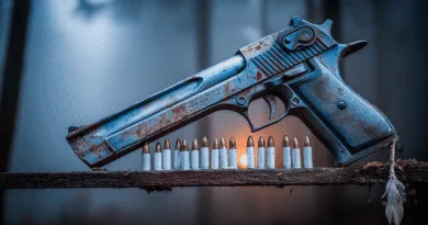 Midcent: En närbild av en pistol och kulor placerade på en träyta i en dimmig skogsmiljö, med solen som skymtar i bakgrunden. Vapnets metall är rostig, vilket ger en rå, väderbiten känsla. Kategori: Samhälle.