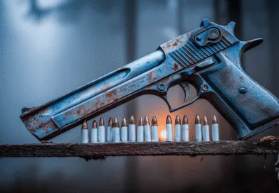 Midcent: En närbild av en pistol och kulor placerade på en träyta i en dimmig skogsmiljö, med solen som skymtar i bakgrunden. Vapnets metall är rostig, vilket ger en rå, väderbiten känsla. Kategori: Samhälle.