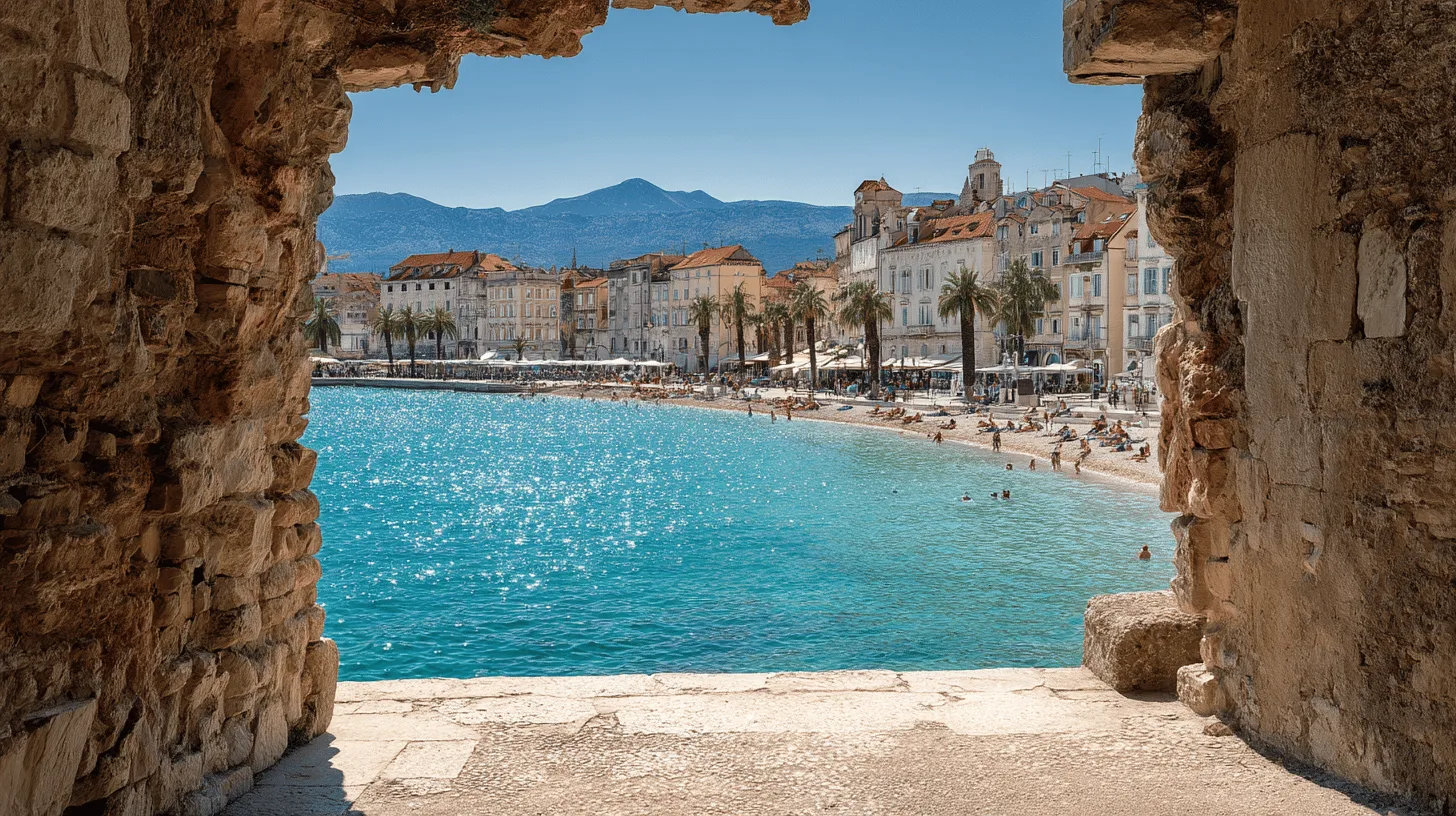 Midcent: Vacker kuststad vid Medelhavet med klarblått vatten, historiska byggnader och palmer. Perfekt för strandliv och kulturupplevelser. Resa.