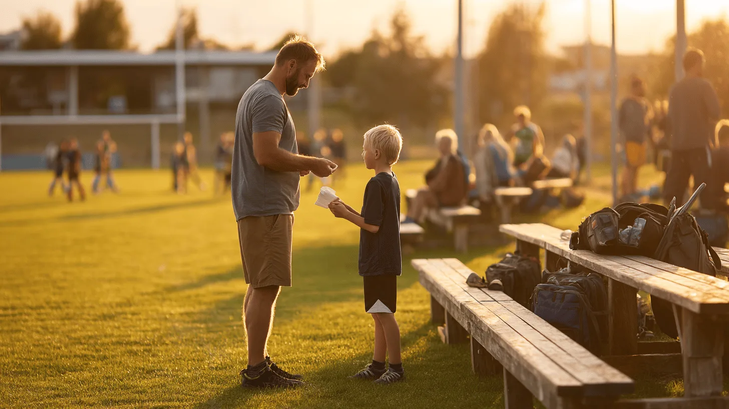 En medelålders man och ett barn delar ett ögonblick på en solig fotbollsplan omgiven av andra familjer och idrottsutrustning. Midcent - Samhälle.