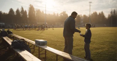 Midcent: En medelålders man och ett barn står på en solbelyst fotbollsplan, omgivna av träd och en grupp unga spelare i bakgrunden. Ljuset skapar en varm och inspirerande atmosfär. Sport.
