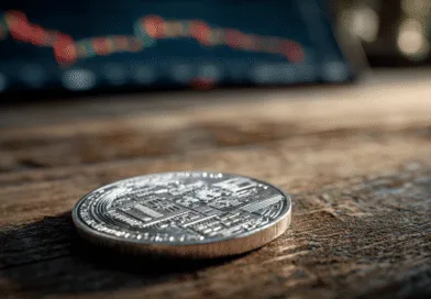 Midcent: Ett närbildsfoto av ett mynt med digitala kretsar, liggande på ett träbord. En suddig graf i bakgrunden antyder en finansiell kontext. Fokus på kryptovaluta och investeringar. Ekonomi.