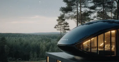 Midcent: Modern arkitektur möter naturen i denna unika och futuristiska byggnad, inbäddad bland skogens grönska. Harmoniskt utformad för att erbjuda lyx och komfort med enastående utsikt över landskapet. Teknik.