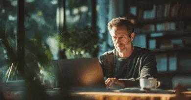 Midcent: En medelålders man arbetar fokuserat vid en laptop i ett solbelyst och grönt rum, omgiven av böcker och en kopp kaffe. Skapar en harmonisk och produktiv arbetsmiljö. Kategori: Teknik.