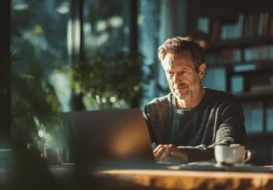 Midcent: En medelålders man arbetar fokuserat vid en laptop i ett solbelyst och grönt rum, omgiven av böcker och en kopp kaffe. Skapar en harmonisk och produktiv arbetsmiljö. Kategori: Teknik.