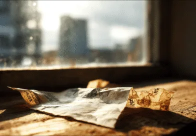 Midcent fångar en stämningsfull scen med ett gammalt papper belyst av solnedgångens gyllene sken, vilket skapar en nostalgisk känsla. Den slitna ytan och suddiga bakgrunden förbättrar kompositionens retroestetik. Kategori: Samhälle.