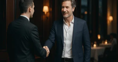 En medelålders man i mörk kostym skakar hand med en annan person i en formell miljö. Bilden framhäver professionell interaktion och affärsrelationer. Midcent. Kategori: Ekonomi.