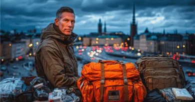 Midcent: En medelålders man i en urban miljö med utrustning och ryggsäckar, omgiven av stadsljus i skymningen. Bilden utstrålar äventyr och beredskap, perfekt för den äventyrslystna. Resa.