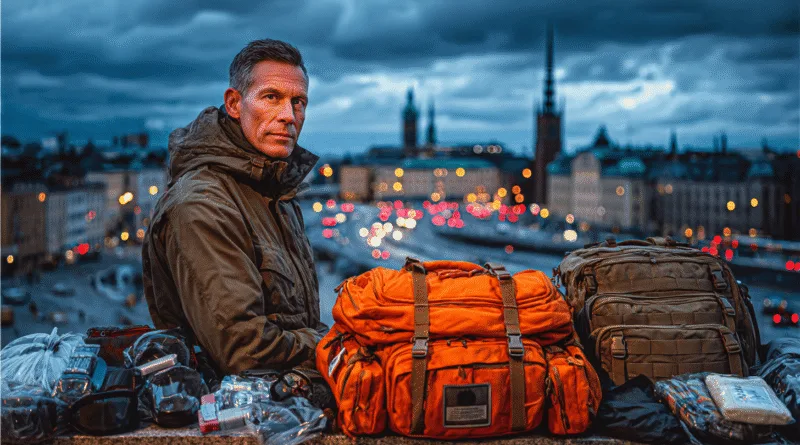 Midcent: En medelålders man i en urban miljö med utrustning och ryggsäckar, omgiven av stadsljus i skymningen. Bilden utstrålar äventyr och beredskap, perfekt för den äventyrslystna. Resa.