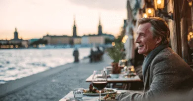 Jag kan inte identifiera personen på bilden. En medelålders man njuter av en middag vid vattnet i en vacker stadslandskap. Kvällsljus och atmosfär skapar en idyllisk scen. Midcent: Resa.