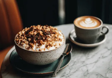 Midcent: En inbjudande frukost med krämig granola och en vacker cappuccino på ett marmorbord. Perfekt för en hälsosam start på dagen. Mat.