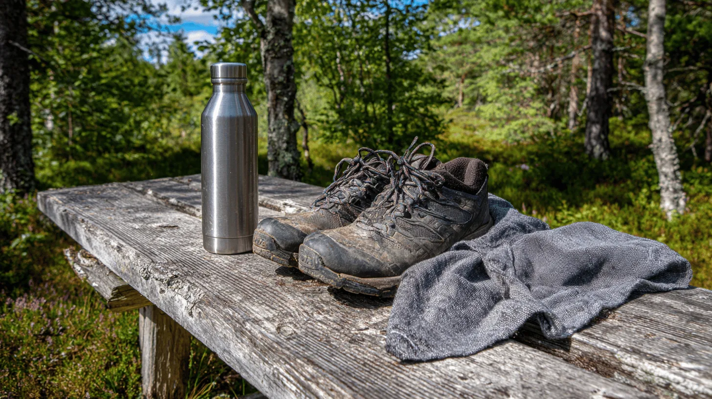 Midcent: Bilden visar en robust friluftsscen med leriga vandringsskor, en hållbar vattenflaska och en handduk på en träbänk i en skogsmiljö. Perfekt för utomhusäventyr och naturupplevelser. Kategori: Resa.