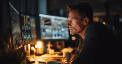 Midcent: En medelålders man fokuserar intensivt på flera datorskärmar med finansiella grafer, vilket skapar en känsla av koncentration och engagemang i en modern arbetsmiljö. Kategori: Ekonomi.