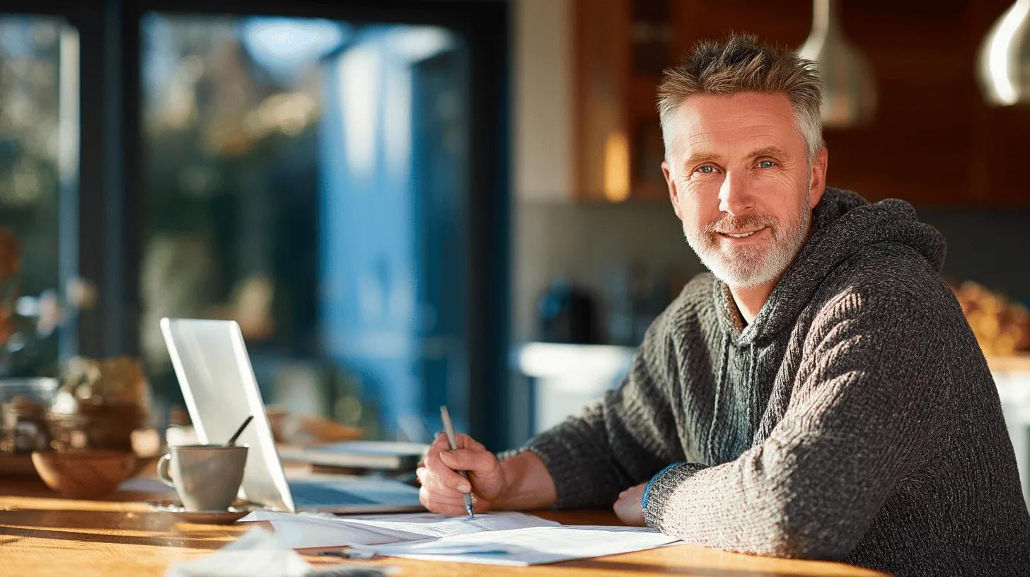 Midcent: En medelålders man arbetar fokuserat vid en dator med dokument och kaffe i solljus. Harmonisk hemmiljö skapar en produktiv atmosfär. Perfekt för idéer om balans mellan arbete och privatliv. Kategori: Ekonomi.