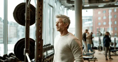 En medelålders man står i ett modernt gym med vikter i fokus, vilket speglar styrka och hängivenhet inom fitness. Ljus interiör och engagerad atmosfär. Midcent - Hälsa.