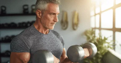 En medelålders man lyfter hantlar i ett solbelyst gym, fokuserad på träning och styrketräning. Bilden utstrålar disciplin och hälsoengagemang. Perfekt inspiration för ett aktivt och hälsosamt liv. Midcent. Kategori: Hälsa.