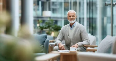 Midcent presenterar en medelålders man som sitter avslappnat i en modern miljö med växter och stilrena möbler. Bilden förmedlar en känsla av lugn och harmoni. Kategori: Samhälle.