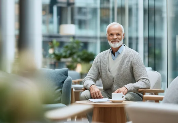 Midcent presenterar en medelålders man som sitter avslappnat i en modern miljö med växter och stilrena möbler. Bilden förmedlar en känsla av lugn och harmoni. Kategori: Samhälle.