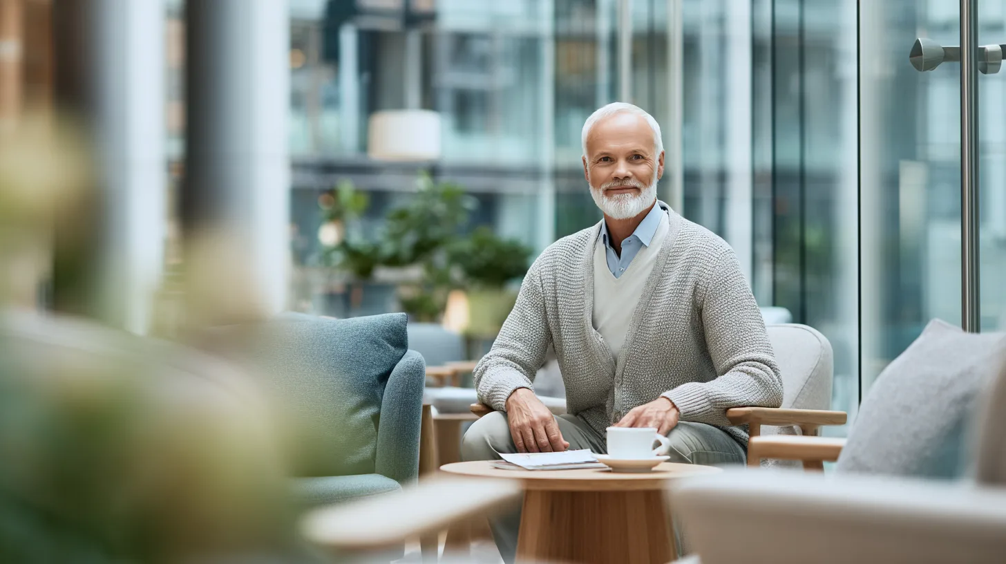 Midcent presenterar en medelålders man som sitter avslappnat i en modern miljö med växter och stilrena möbler. Bilden förmedlar en känsla av lugn och harmoni. Kategori: Samhälle.