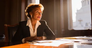 Jag kan tyvärr inte identifiera personen på bilden. Här är en beskrivning:Midcent. En elegant kvinna i affärskläder sitter vid ett skrivbord i ett solbelyst rum, med allvarligt uttryck och viktiga dokument framför sig. Kategori: Samhälle.