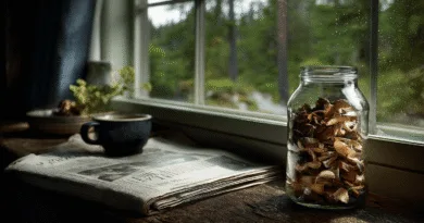 Midcent – En mysig interiörbild visar ett stilleben med en kopp kaffe, en tidning och en burk torkade svampar på ett träbord nära ett fönster. Naturnära och avkopplande miljö. Kategori: Mat.