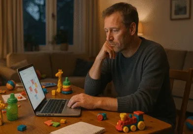 En medelålders man arbetar fokuserat vid en laptop i ett hemtrevligt vardagsrum, omgiven av leksaker och planeringsverktyg. Hemmakontor och balansering av familjeliv visas tydligt. Midcent: Samhälle.