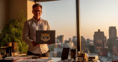 Midcent – En medelålders man står i ett kontor med storstadsvy i bakgrunden, håller en bärbar dator med animalt klistermärke. Mjukt kvällsljus strömmar in genom fönstret. Teknik.