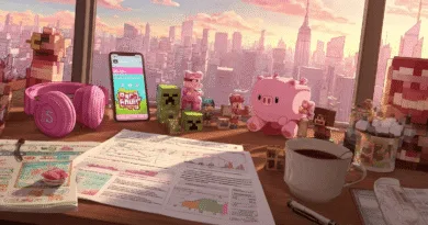 Midcent presenterar en inspirerande kontorsvy vid solnedgång med färgglada leksaker och digital innovation. Perfekt för spelutvecklare och kreativt arbete. Kategorin är Underhållning.