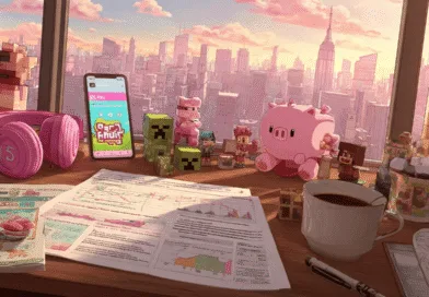 Midcent presenterar en inspirerande kontorsvy vid solnedgång med färgglada leksaker och digital innovation. Perfekt för spelutvecklare och kreativt arbete. Kategorin är Underhållning.