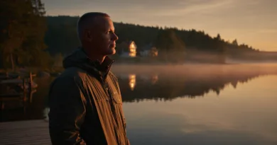 Midcent: En medelålders man betraktar solnedgången vid en spegelblank sjö omgiven av tät skog och stillhet. Den stämningsfulla scenen fångar naturens skönhet och lugn.Kategori: Resa