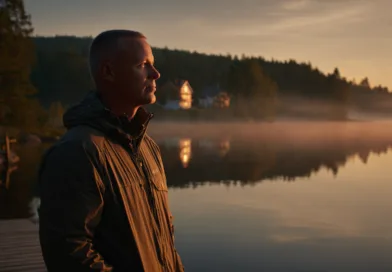 Midcent: En medelålders man betraktar solnedgången vid en spegelblank sjö omgiven av tät skog och stillhet. Den stämningsfulla scenen fångar naturens skönhet och lugn.Kategori: Resa