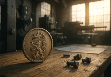 Midcent: Bilden visar ett verkstadsbord med en medalj i förgrunden inristad med ett lejon under en krona. Skruvar ligger på bordet och solen skiner genom fönstret i bakgrunden. Kategori: Teknik.