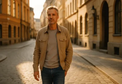 En medelålders man promenerar på en solbelyst kullerstensgata i en stad med historisk arkitektur. Han är klädd i avslappnade kläder och omgivningen badar i mjukt ljus. Midcent. Resa.