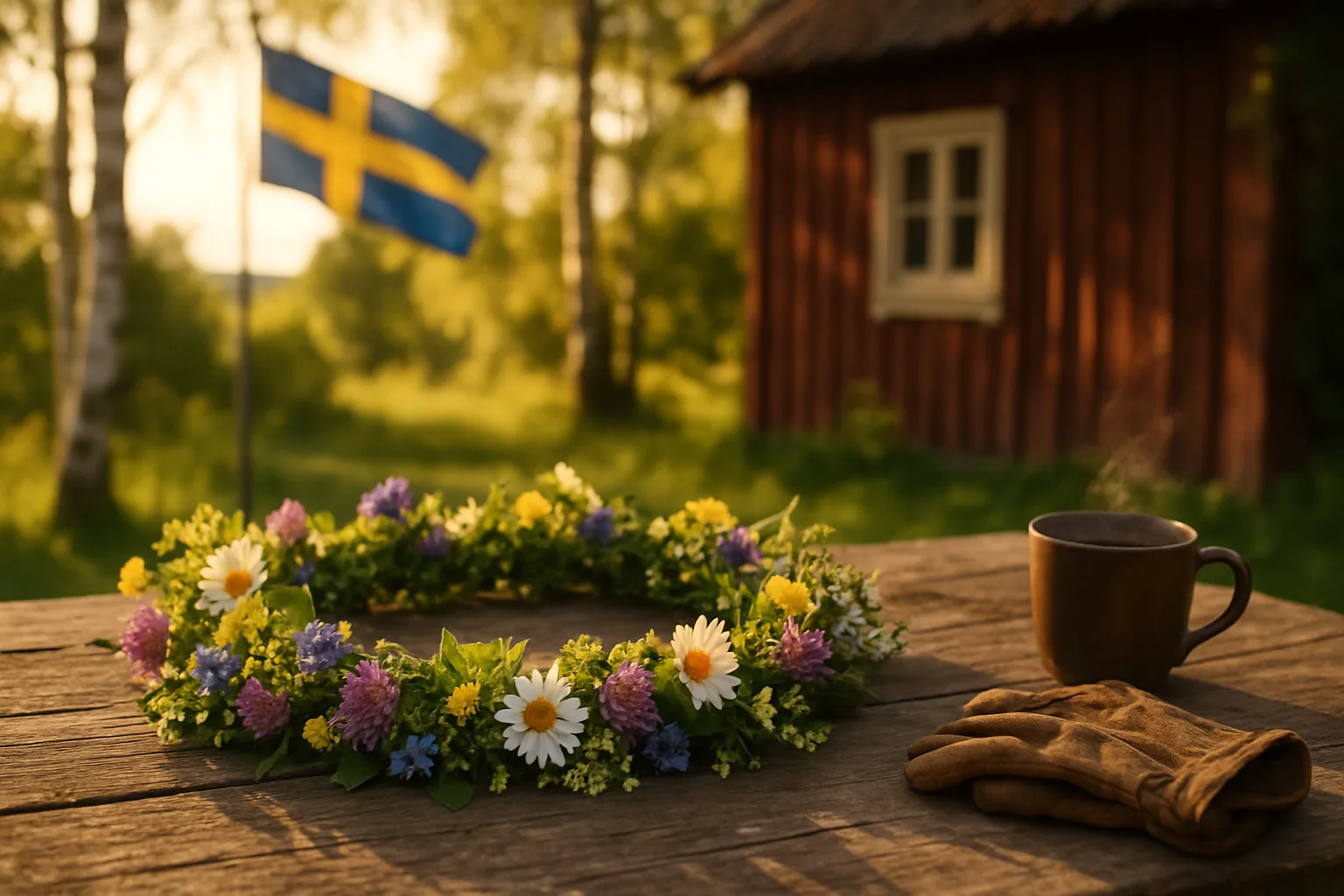 På bilden syns en midsommarkrans på ett träbord, en svensk flagga i bakgrunden, samt en kopp och handskar. Detta är en typisk svensk sommaridyll. Perfekt för att fira traditionell midsommar. Midcent - Resa.