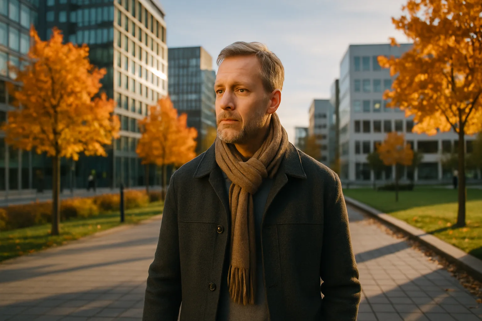 En medelålders man går i en stadspark omgiven av moderna byggnader och höstfärger. Hans blick är fokuserad framåt, iklädd en mörk kappa och brun halsduk. Solnedgången ger en varm glöd.Midcent Samhälle.