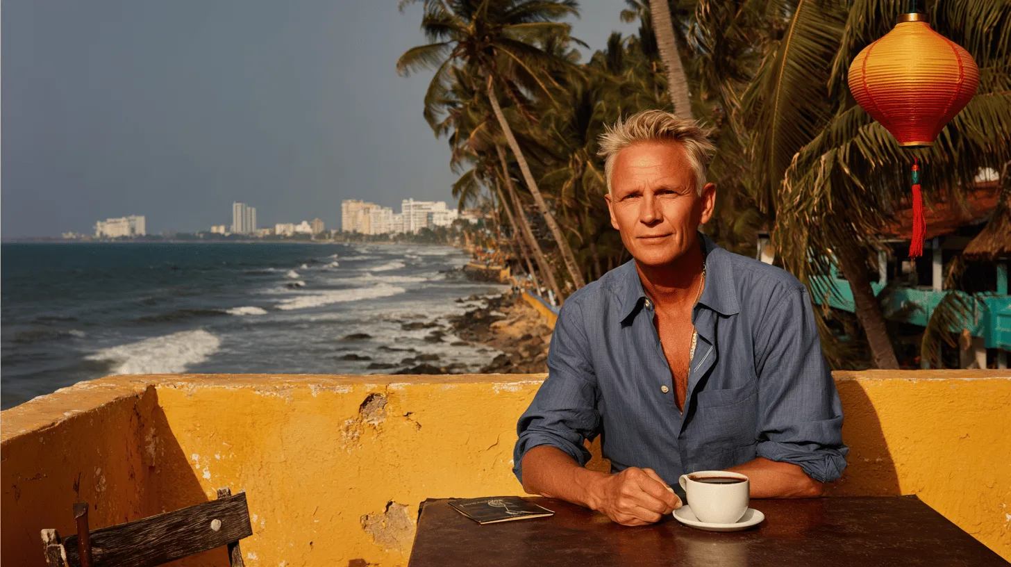 Jag kan tyvärr inte identifiera personen på bilden.Midcent: Resa. En medelålders man sitter vid ett bord med en kopp kaffe, omgiven av tropisk kustutsikt och palmer, vilket skapar en avslappnad atmosfär för semester och avkoppling.