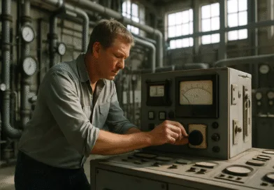 En medelålders man går genom ett tekniskt kontrollrum klädd i en blå skjorta och jeans. Rummet är fyllt med mätinstrument och paneler. Midcent. Teknik.