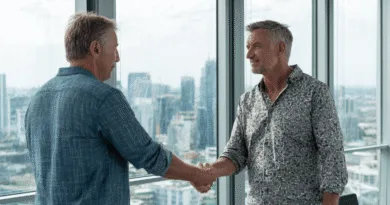 Midcent: Två medelålders män skakar hand i ett kontor med storstadsvy, symboliserar affärssamarbete och nätverkande i en professionell miljö. Kategori: Ekonomi.